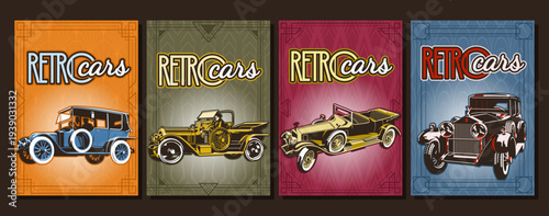 Automobiles from the Roaring Twenties, 1920s Advertising Poster Set, Retro Cars Vector Illustrations, Old Vehicles, Art Deco Frames, 20s Colors