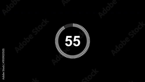 One minute circle countdown timer animation from 60 to 0 seconds with alpha channel, 1 minute circle countdown animation on a transparent background