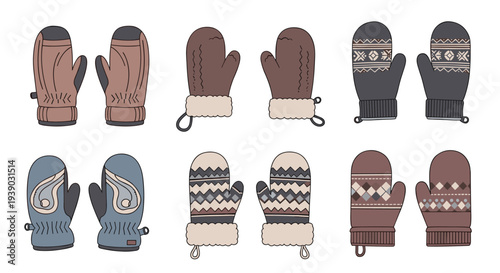 Array of cozy winter mittens in various colors and patterns including stripes and geometric designs for cold weather gear.
