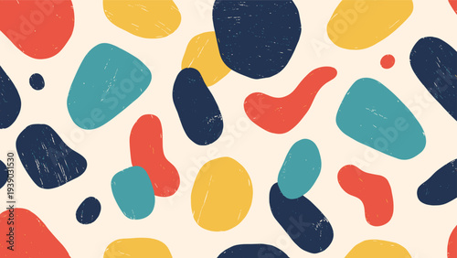 Lively seamless pattern composed of various colorful abstract organic shapes with a textured, grunge finish, creating a vibrant and playful retro aesthetic.