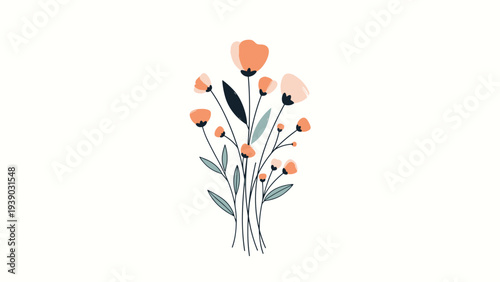 Charming minimalist illustration of a delicate bouquet of small flowers and leaves in a soft orange and teal color palette, conveying simple elegance.