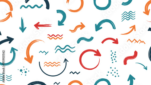 Dynamic seamless pattern featuring an energetic mix of colorful brush stroke arrows, wavy lines, and dots, creating a vibrant and directional abstract design.
