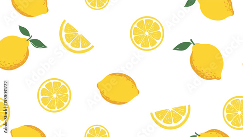 Vibrant seamless pattern displaying a cheerful arrangement of whole lemons and fresh lemon slices, scattered across a pristine white background, evoking a summery feel.