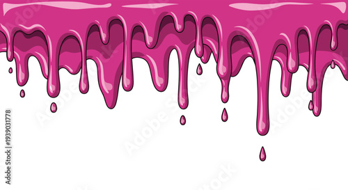 Bright pink liquid dripping down from the top edge with small droplets falling against a solid white background.