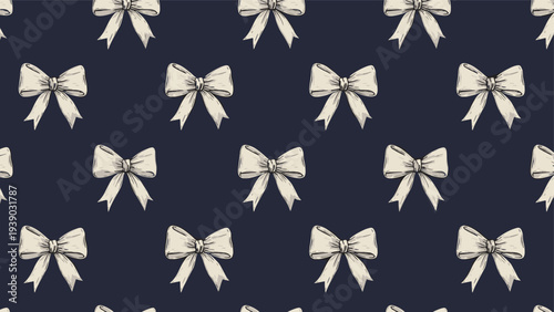 Elegant seamless pattern featuring an array of vintage-style hand-drawn bows in a soft, muted color, set against a sophisticated dark background, creating a charming design.