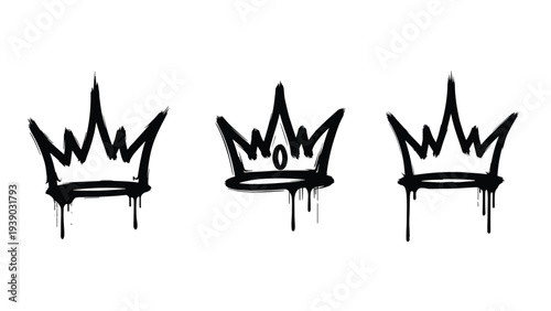 Bold collection of three graffiti-style black crowns with dripping paint effects, conveying an edgy, urban aesthetic of royalty and street art.