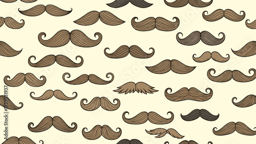 Whimsical seamless pattern showcasing a diverse collection of hand-drawn mustaches in various styles and shades of brown, creating a playful and retro-inspired design.