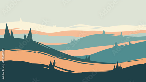 Serene abstract landscape illustrating rolling hills and scattered trees with a painterly brush stroke effect, rendered in a muted, earthy color palette, creating a tranquil scene.