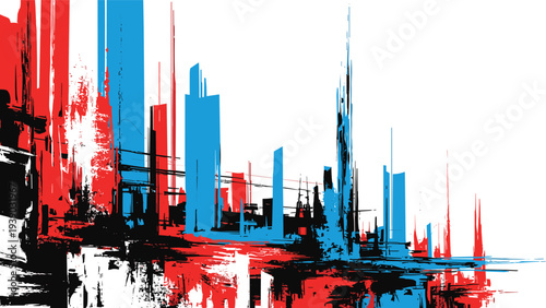 Dynamic abstract city skyline depicted with bold grunge brush strokes in striking red, blue, and black, conveying a raw and energetic urban landscape.