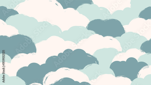 Serene seamless pattern depicting abstract, overlapping cloud shapes with a painterly texture, rendered in muted shades of blue, green, and beige, creating a tranquil atmosphere.