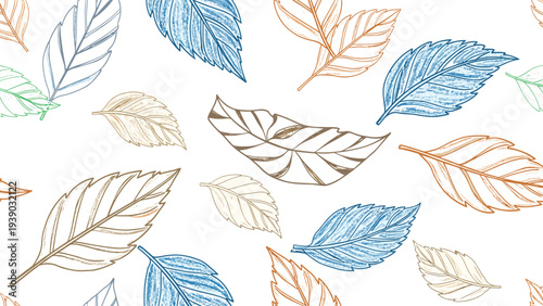 Delicate seamless pattern featuring an array of hand-drawn outline leaves with subtle color accents in blue, brown, and beige, scattered across a white background.
