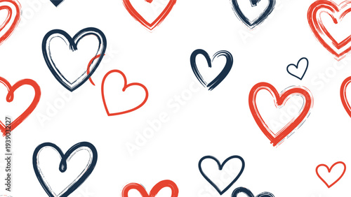 Romantic seamless pattern featuring an array of hand-drawn hearts with a brush stroke texture, rendered in vibrant red and deep blue, perfect for love and celebration designs.