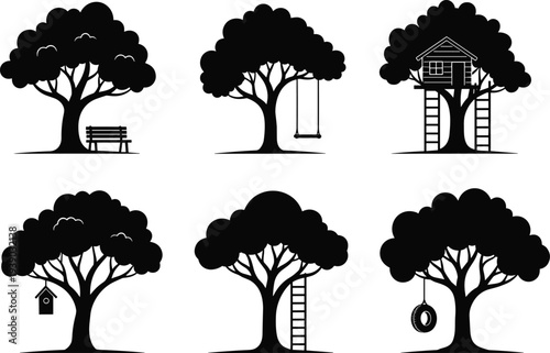 Set of tree silhouettes with garden elements including wooden bench rope swing treehouse birdhouse ladder and tire swing for backyard landscaping and nature design