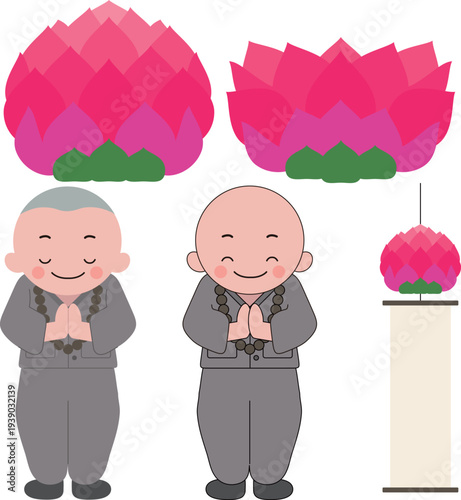 부처님 오신날 기도 명상 합장하는 동자승 스님들 그그리고 연꽃 연등 