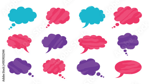 Varied collection of colorful hand-drawn speech bubbles and thought clouds with a charming striped texture, ideal for communication and playful dialogue-themed designs.