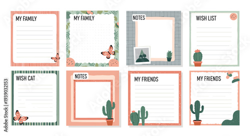Collection of decorative notebook pages for family plans and wish lists features cute illustrations of butterflies and cacti.