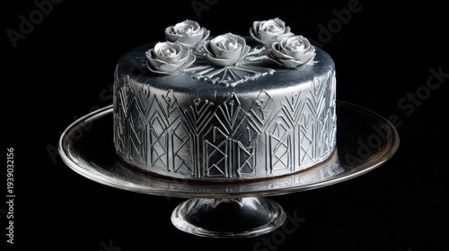 Ornate silver metallic cake adorned with sculpted floral details rests upon a glass pedestal stand against a dark background.