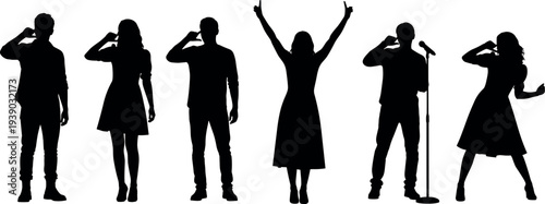 Silhouette of diverse people expressing emotions through gestures and singing with microphone on stage during public performance or karaoke event.