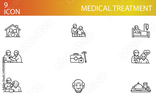 Medical Treatment Line Icon Set. Healthcare, Doctor Consultation, Hospital Care, Patient Support, Therapy, Injection, Wheelchair, Medical Assistance Editable Stroke Vector