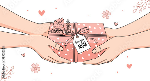 Illustration of hands giving a gift box with a love you mom tag represents a heartwarming gesture for mother's day celebration.