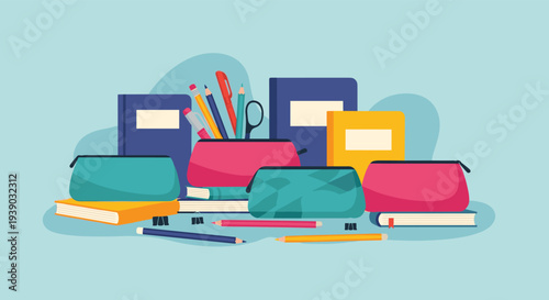Various school supplies like pencil cases and notebooks are arranged on a light blue background for back to school preparation.