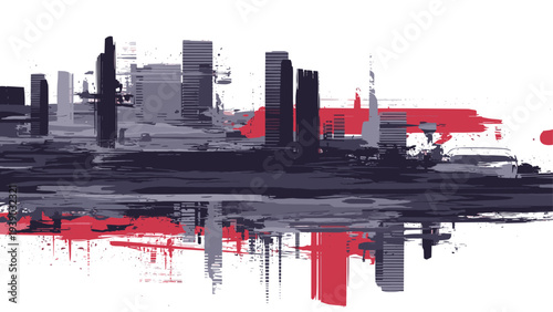 Dramatic abstract city skyline depicted with bold grunge brush strokes in contrasting grey, red, and dark blue, conveying a raw and energetic urban landscape.