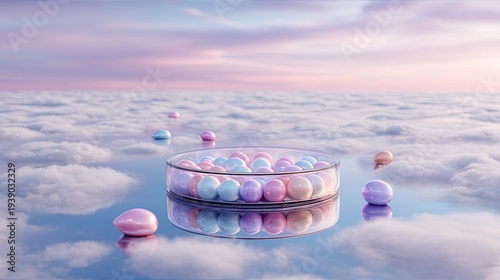 Pastel colored spheres rest within a shallow container above a sea of soft white clouds at sunset