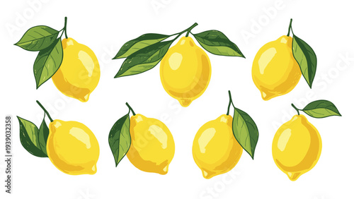 Charming collection of fresh, ripe lemons with green leaves, illustrated in a vibrant, natural style, perfect for healthy food, summer, and kitchen-themed designs.