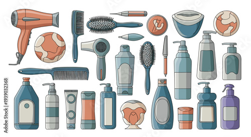 Large collection of hair care tools and beauty products including hair dryers and brushes provides a comprehensive set for styling.