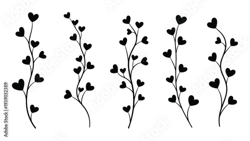 Charming collection of stylized branches adorned with heart-shaped leaves, rendered in black silhouette, perfect for romantic, loving, and decorative designs.