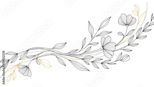 Exquisite floral border design showcasing delicate outlined flowers, intertwining leaves, and subtle golden lines, perfect for sophisticated and elegant decorative projects.