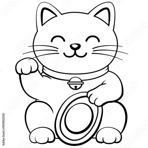 Lucky Maneki Neko Cat Line Art Illustration – Japanese Fortune Beckoning Cat Symbol Vector Design