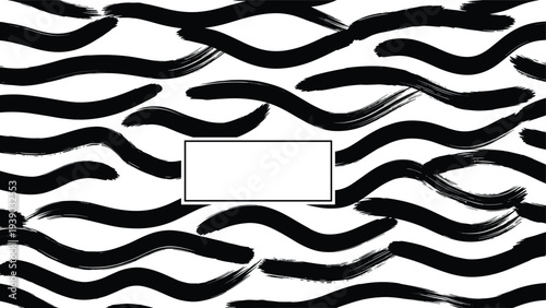 Dynamic seamless pattern composed of bold black wavy brush strokes flowing horizontally across a white background, featuring a central white rectangular frame for text.