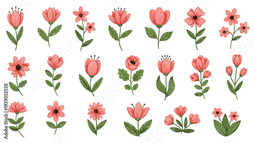 Delightful collection of charming cartoon-style flowers in various shapes and sizes, rendered in soft peach tones with green stems, perfect for cheerful botanical designs.