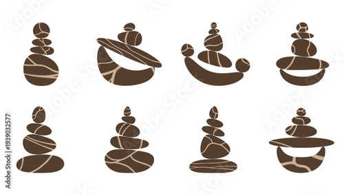 Artistic collection of abstract stacked pebble shapes in earthy brown tones with subtle beige stripes, conveying a sense of balance, tranquility, and organic design.
