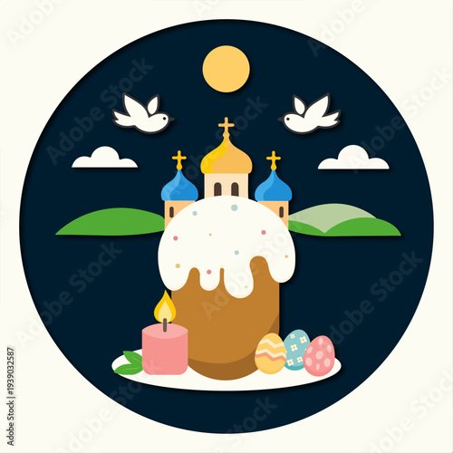 Easter Orthodox holiday vector illustration with traditional church, colorful eggs, spring birds and glazed kulich bread