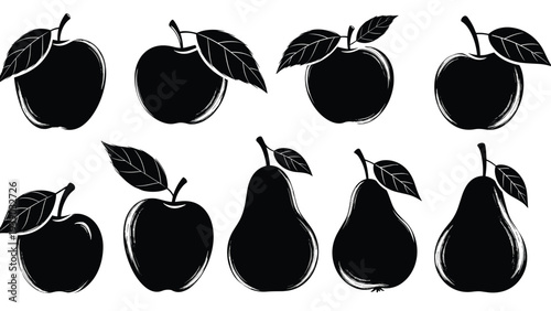 Diverse collection of bold black silhouettes of apples and pears, capturing the classic forms of these fruits, perfect for minimalist food and healthy eating designs.