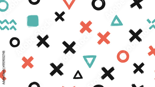 Energetic seamless pattern brimming with a vibrant assortment of colorful geometric shapes including crosses, triangles, and circles, creating a dynamic, abstract design.