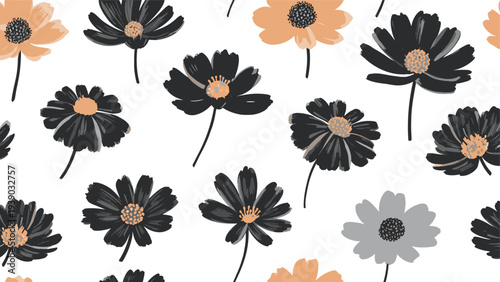 Stylish seamless pattern featuring an array of hand-drawn flowers with dark petals and bright orange centers, scattered across a white background, creating a modern floral design.