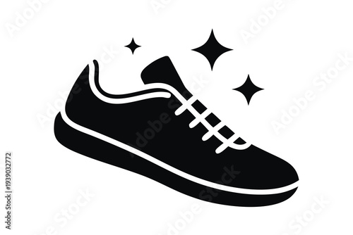 sneaker silhouette icon. A sleek black sneaker icon with sparkle effects modern design simplicity