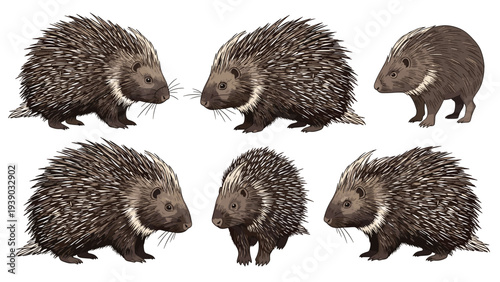 Detailed collection of porcupine illustrations in various poses and angles, highlighting their distinctive quills and unique appearance.