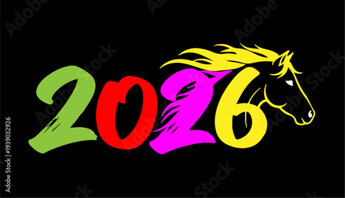 Colorful graphic design featuring the year 2026 and a horse head silhouette