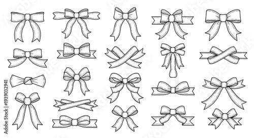Large collection of hand drawn ribbon bows in various styles and shapes provides a versatile set of graphic elements for design.