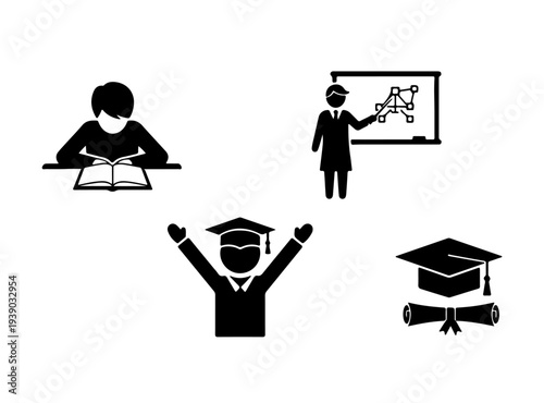 Education icons depicting students a teacher and graduation ceremonies