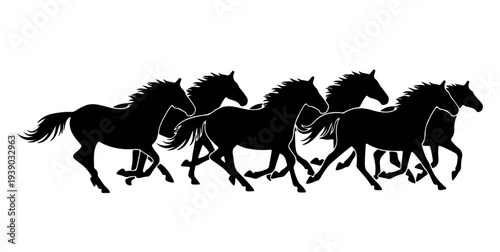 A dynamic silhouette of five horses galloping in a unified powerful stride