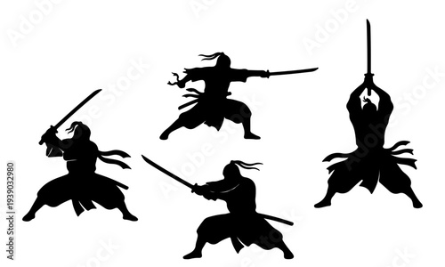 Four silhouetted samurai warriors engaged in dynamic sword fighting poses