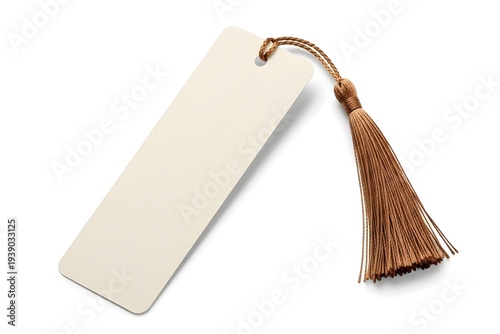 Blank white bookmark with brown tassel on string isolated on white