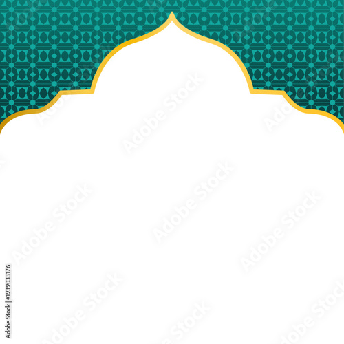 Islamic prayer frame with mosque dome silhouette and green arabesque pattern