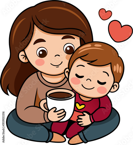 adorable mother sitting with coffee while child hugs her, cozy colorful vector illustration, warm Mother’s Day feeling, white background