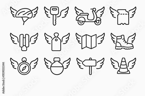 Winged Transportation Icons. Angelic wings on transportation items. Line outline icon set of angelic wings on